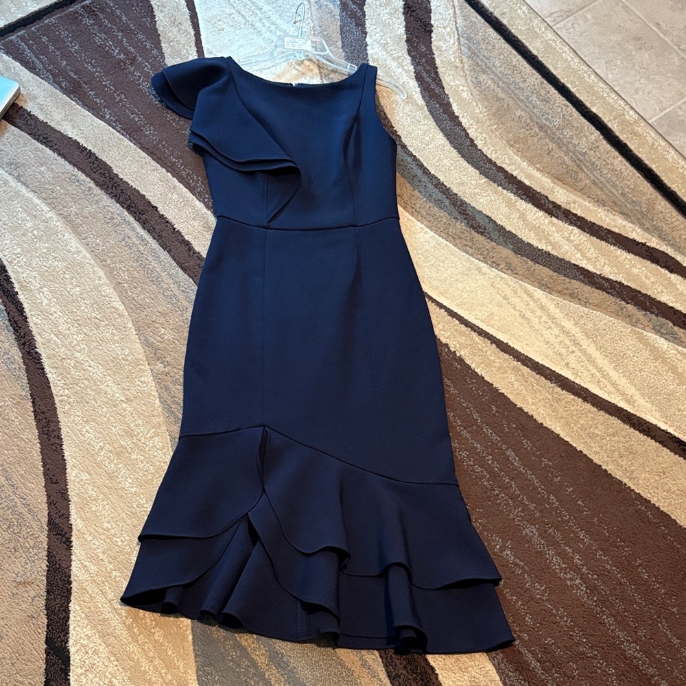 Shoshanna Elegant Ruffle Shoulder Navy Dress